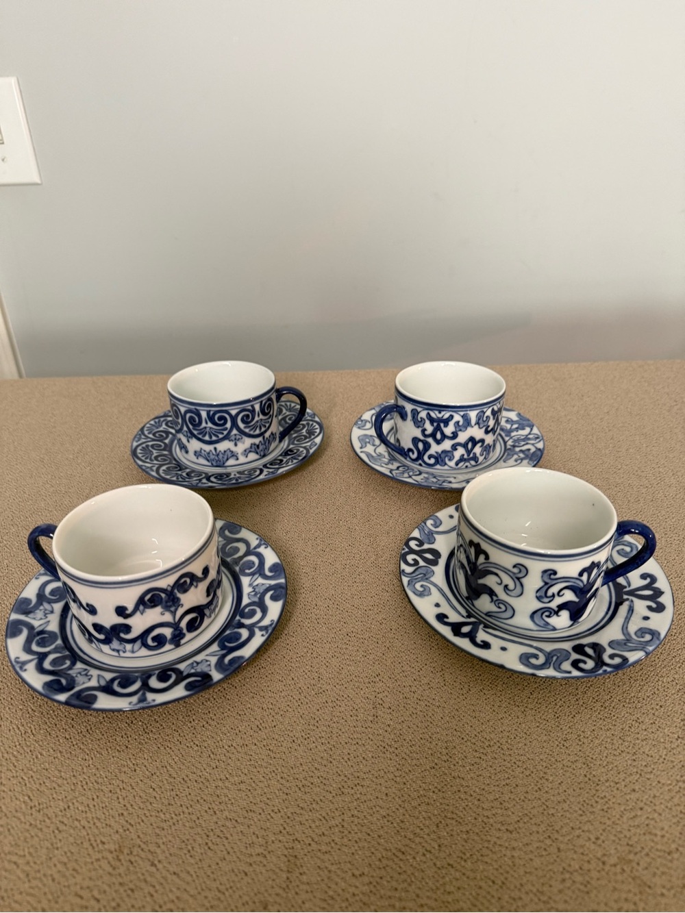 Bombay Company blue and white porcelain cups and saucers Set of 4